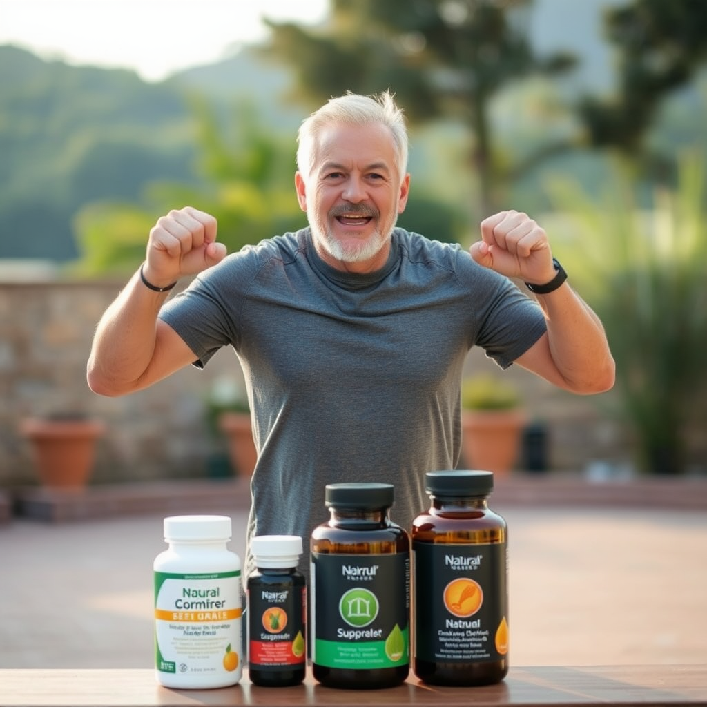 Homem de 40 anos praticando exercício matinal ao ar livre, demonstrando energia natural e vitalidade, com frascos de suplementos naturais dispostos em primeiro plano