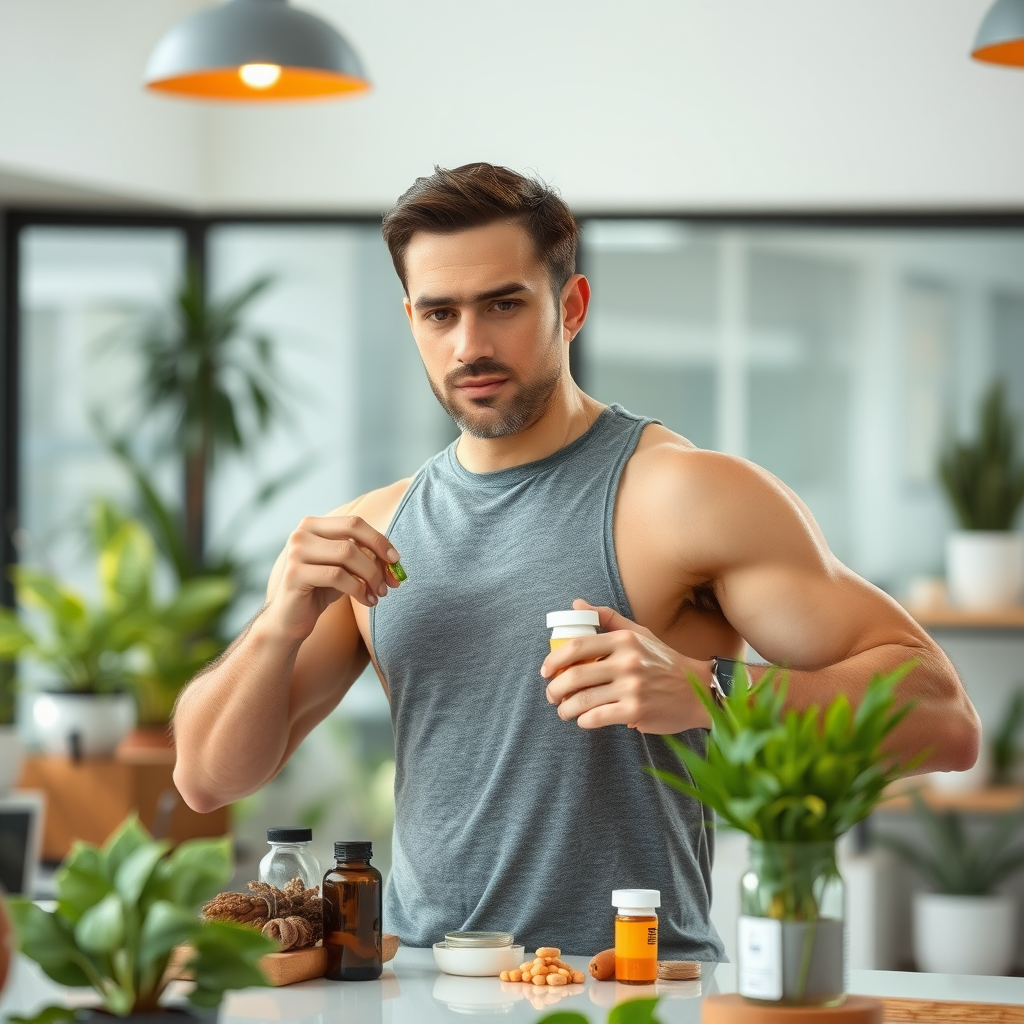 Homem de 40 anos em forma tomando suplementos naturais para energia, ambiente moderno e luminoso com plantas e elementos naturais