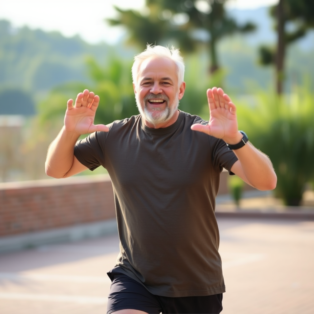 Homem de meia-idade em boa forma física praticando exercícios matinais ao ar livre, demonstrando energia e vitalidade natural