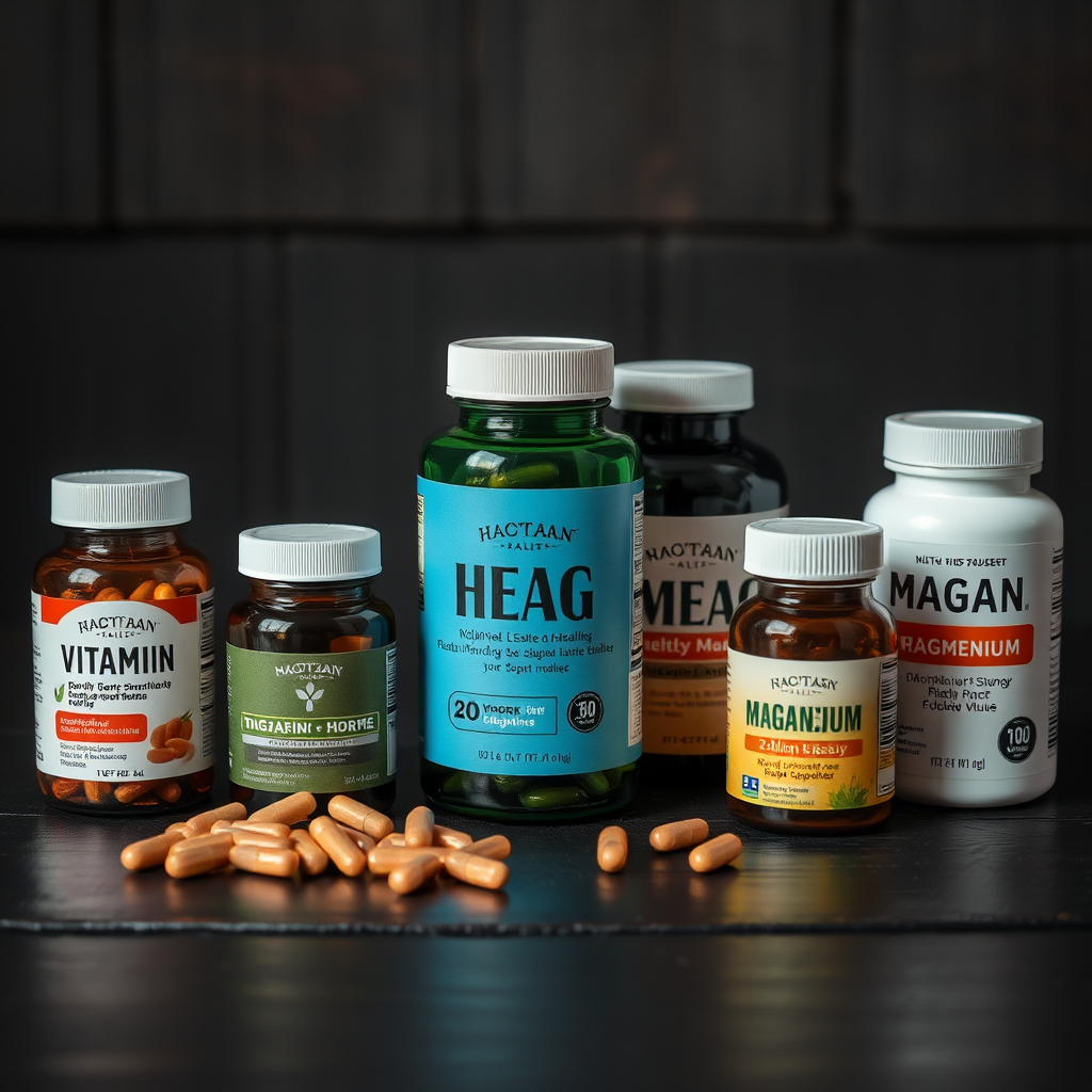 Diversos suplementos naturais para saúde masculina dispostos sobre uma mesa de madeira escura, incluindo frascos de vitaminas, cápsulas de zinco, magnésio e ômega-3, com iluminação dramática destacando as texturas e formas dos produtos