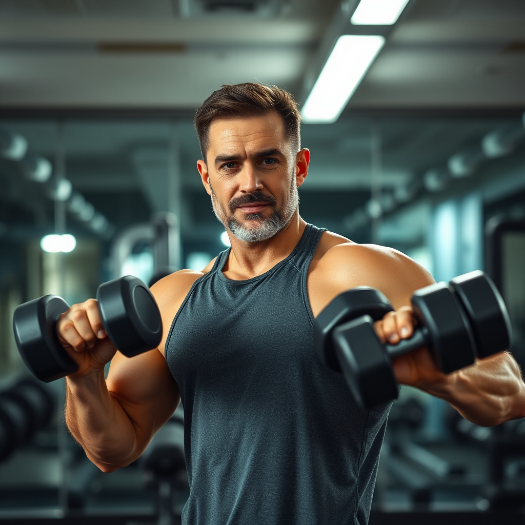 Homem atlético de meia-idade realizando exercícios com halteres em uma academia moderna, demonstrando força e vitalidade masculina, com iluminação dramática destacando a musculatura e determinação