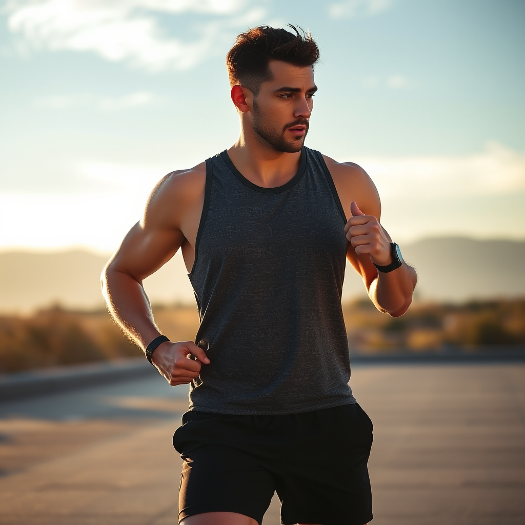 Homem atlético fazendo exercícios matinais ao nascer do sol, demonstrando vitalidade masculina e energia natural para o dia