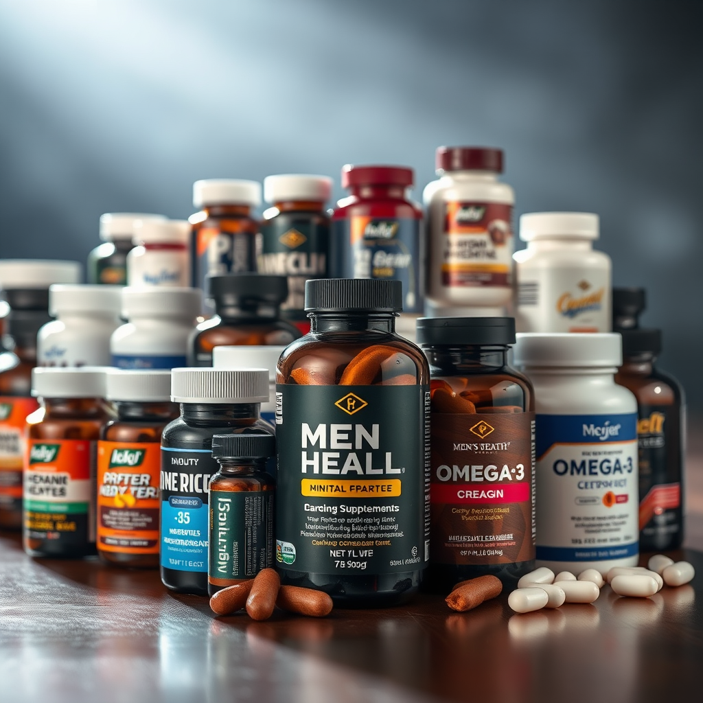 Coleção organizada de suplementos para saúde masculina incluindo frascos de vitaminas, minerais e ômega-3, dispostos profissionalmente com iluminação dramática
