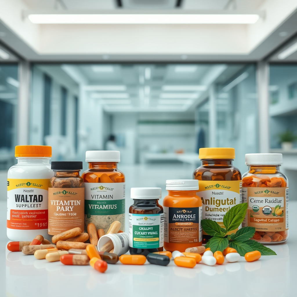 Coleção organizada de suplementos para saúde masculina incluindo vitaminas, minerais e cápsulas naturais em ambiente clínico moderno