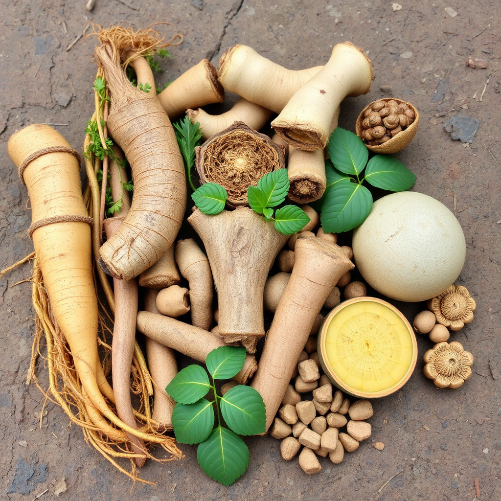 Coleção de raízes e ervas adaptógenas incluindo ginseng, rhodiola e ashwagandha dispostas sobre superfície natural