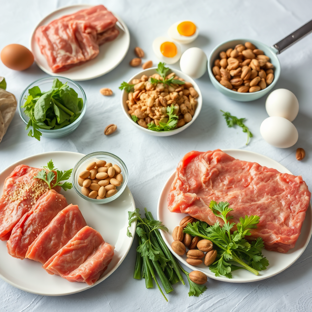 Mesa com alimentos ricos em proteínas como carnes magras, ovos, nozes e vegetais verdes, organizados de forma apetitosa para demonstrar nutrição para vitalidade masculina
