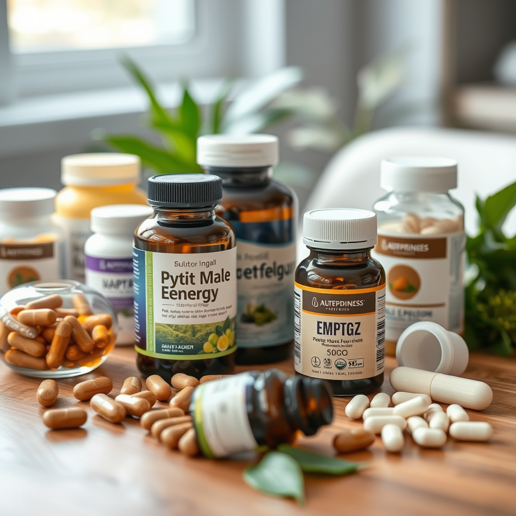 Suplementos naturais e vitaminas dispostos sobre mesa, representando apoio nutricional para energia masculina e wellness diário