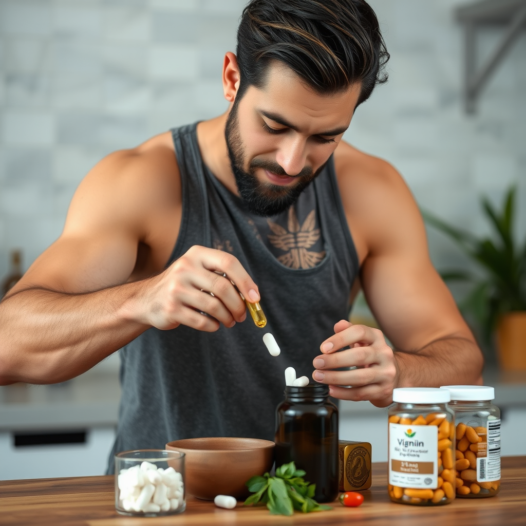 Homem preparando suplementos naturais e vitaminas para apoio à vitalidade masculina e energia diária