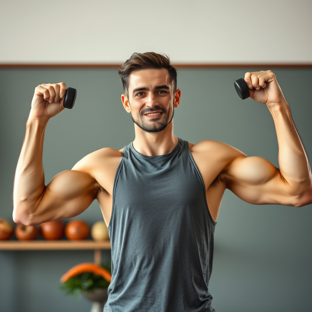Homem em forma realizando exercícios de resistência com alimentos nutritivos e suplementos naturais para construir resistência física