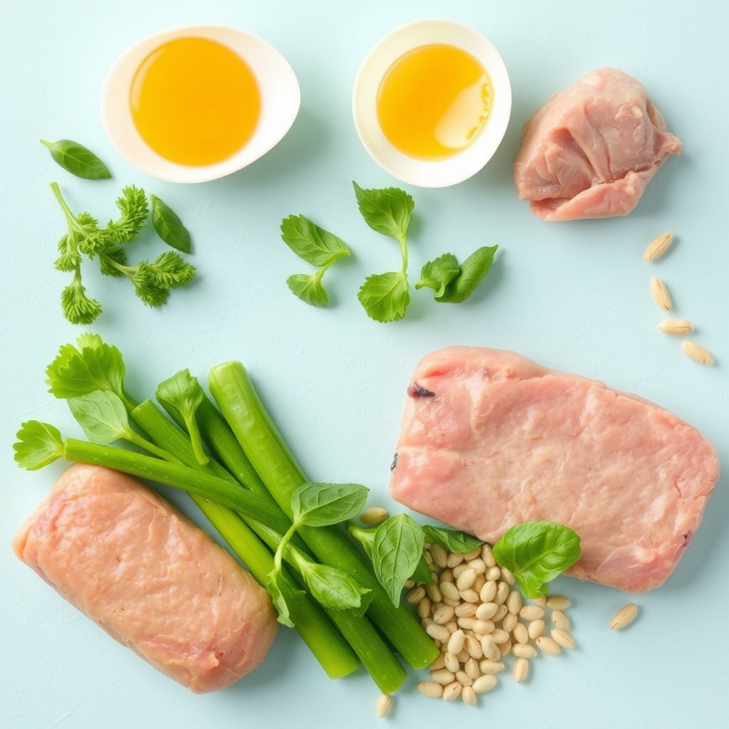 Variedade de alimentos ricos em vitaminas do complexo B incluindo ovos, carne magra, vegetais verdes e cereais integrais