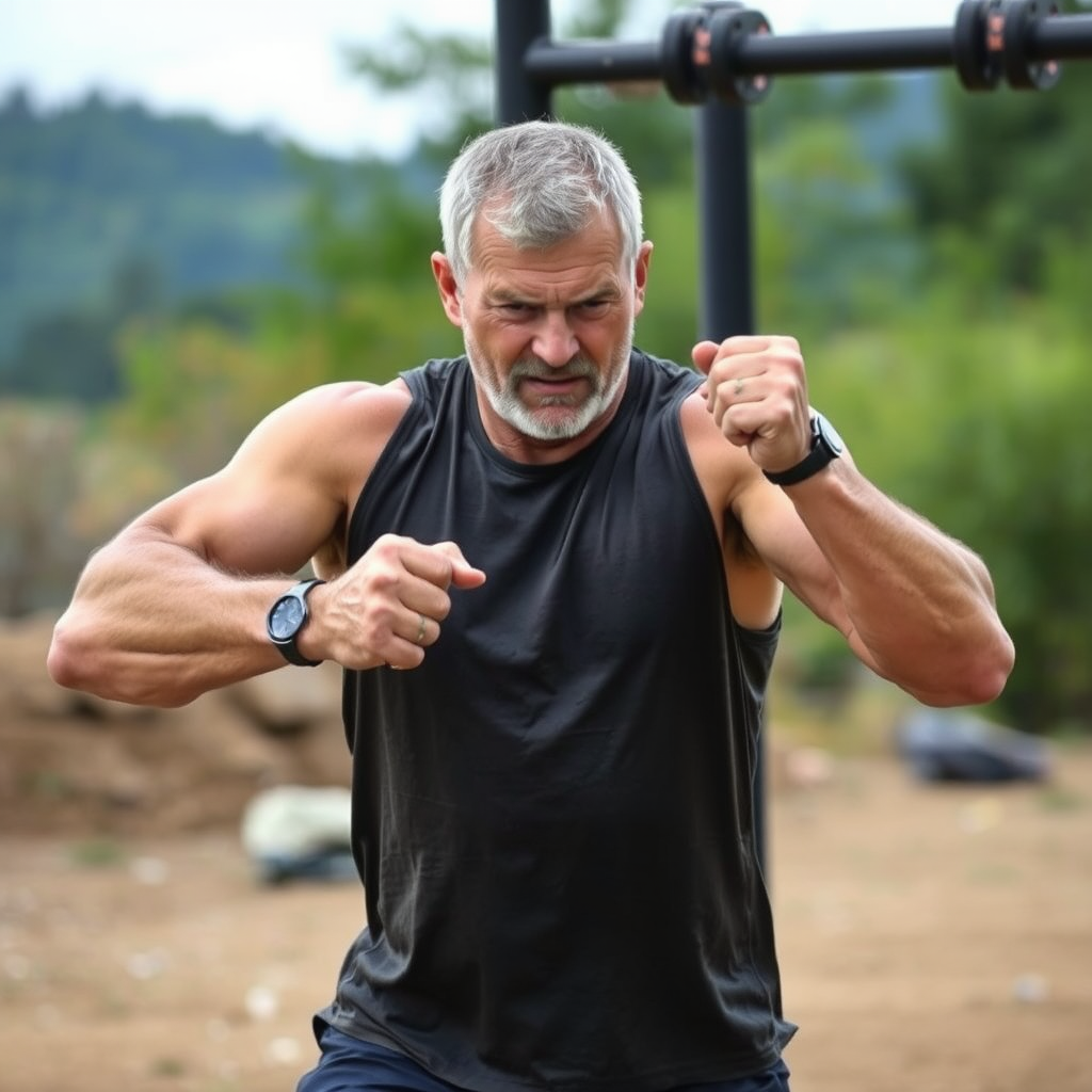 Homem de meia-idade realizando exercícios de alta intensidade ao ar livre, demonstrando força e determinação, com equipamentos de treino funcional em ambiente natural
