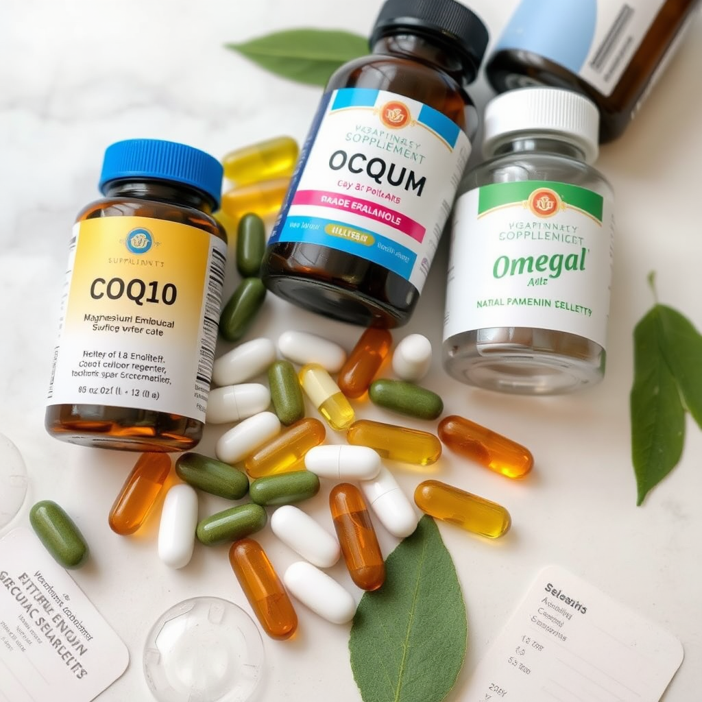 Coleção de suplementos naturais incluindo cápsulas de CoQ10, magnésio e ómega-3 dispostos sobre superfície limpa