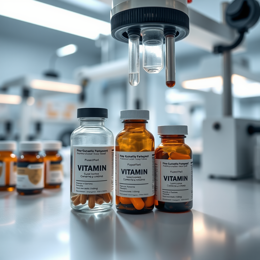 Laboratório moderno com equipamentos de teste de qualidade para suplementos, mostrando frascos de vitaminas sendo analisados sob luz científica, enfatizando pureza e qualidade
