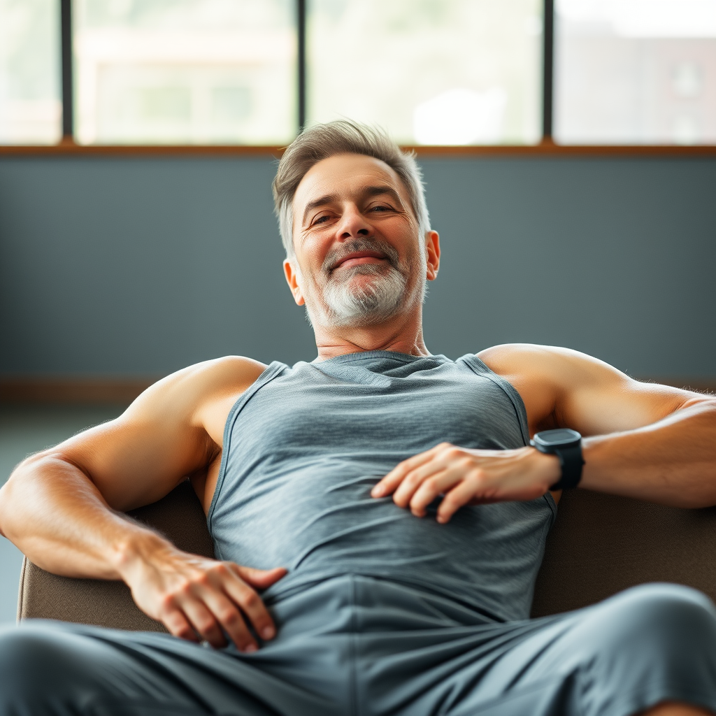 Homem maduro relaxando após exercício, demonstrando a importância da recuperação para a saúde masculina e bem-estar