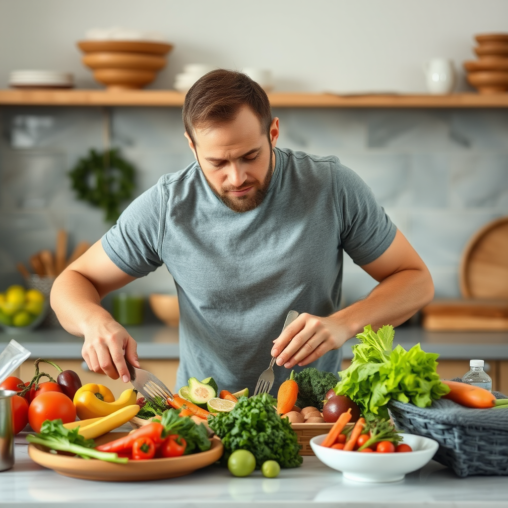 Homem preparando refeição saudável rica em nutrientes, demonstrando hábitos alimentares para suporte de energia e vitalidade masculina