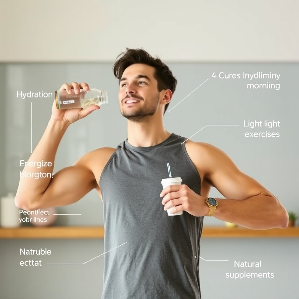 Homem executando rotina matinal energizante com hidratação adequada, exercícios leves e suplementos naturais para vitalidade diária
